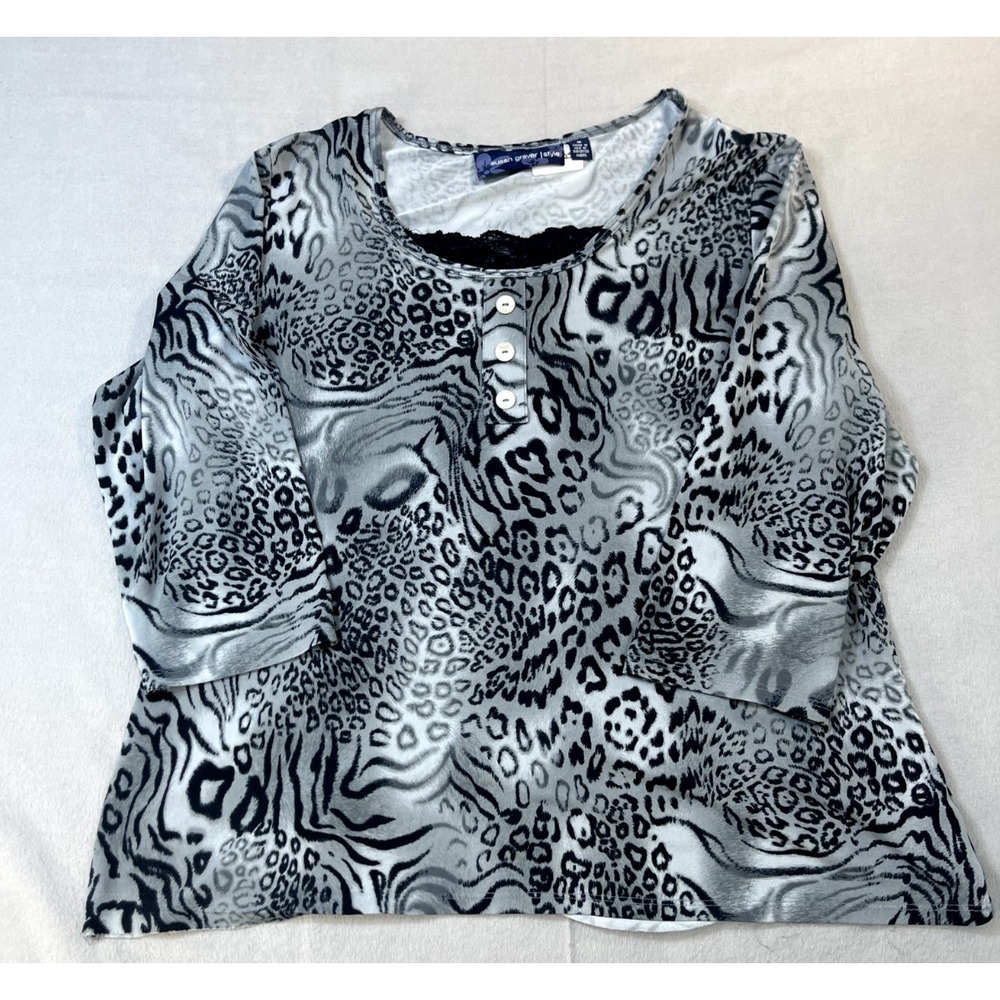 SUSAN GRAVER‎ WOMEN'S SHIRT MEDIUM BLACK CHEETAH PRINT WH3/4 SLEEVE TOP BLOUSE